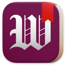 The iWords icon, in the shape of a book with a large embossed W on the cover in a gothic style.